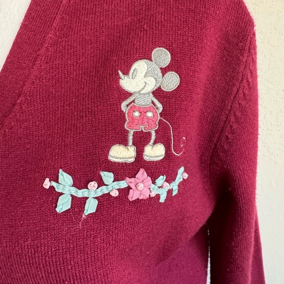 Vintage Disney Store Red Long Line Cardigan Embroidered Mickey Floral Womens M - Picture 2 of 6